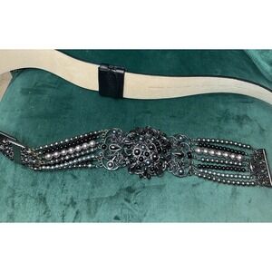 Chico's Beaded Belt Women Black Pearl Metal Leather  Size Medium Gypsy Boho  43"